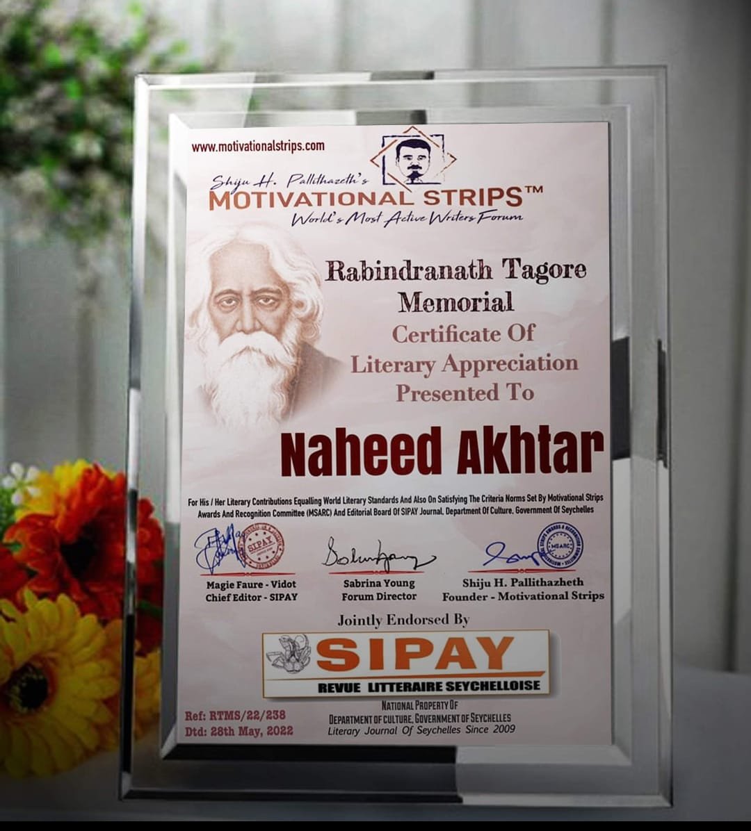Poet Naheed Akhtar honored with Rabindranath Tagore Memorial Honour 2022 by Motivational Strips