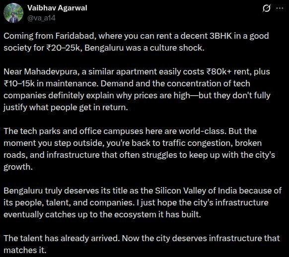 Google Engineer's Bengaluru Experience Sparks Debate Over High Rents and Infrastructure